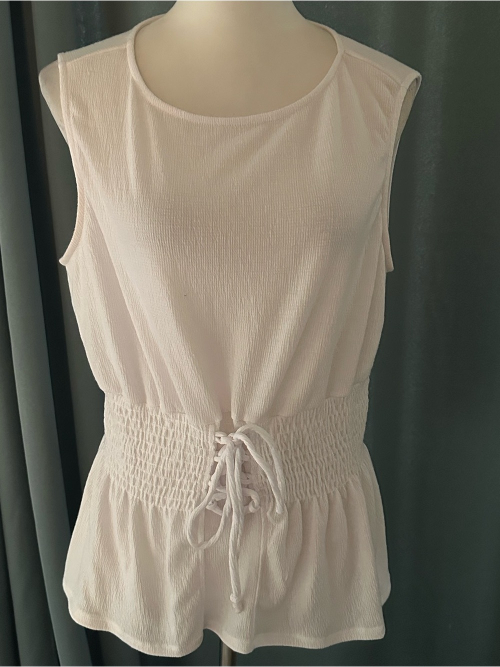 Always Indigo White Sleeveless Peplum Blouse Smocked Waist Lace Up XL